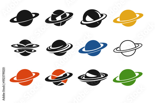 Saturn. Icon set. Set Logo of Saturn: planetary rings. harmonious logo variations of the same emblematic concept, each with different artistic interpretation