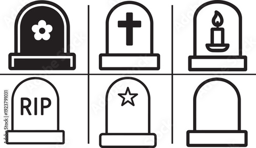 Tomb stone icon vector thin outline style sign set for cemetery memorial grave symbol collection.