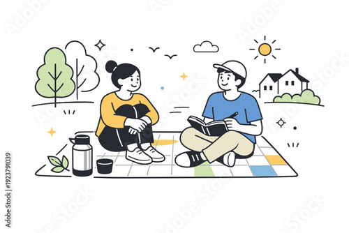 Local nature escape. A couple or friends sitting on a blanket in a quiet park with a thermos and notebook, enjoying a mindful break just outside