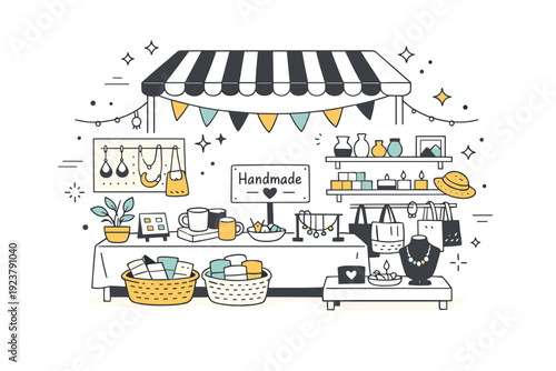Craft fair booth display. A cozy stall decorated with hanging items, small shelves, and handmade accessories. Creative and inviting mood with
