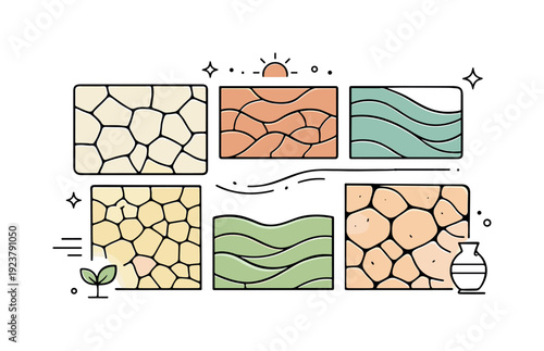 Natural clay and mud surfaces. Organic panels inspired by dried earth patterns arranged in a balanced modern layout. Subtle texture cues hint