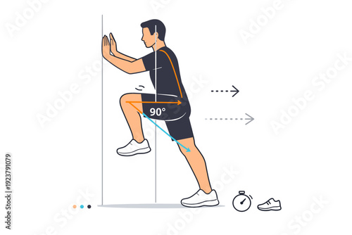 Indoor speed mechanics drill. Athlete performing wall drill or A-skip with clear body angles emphasized by simple guide lines. Control, alignment,