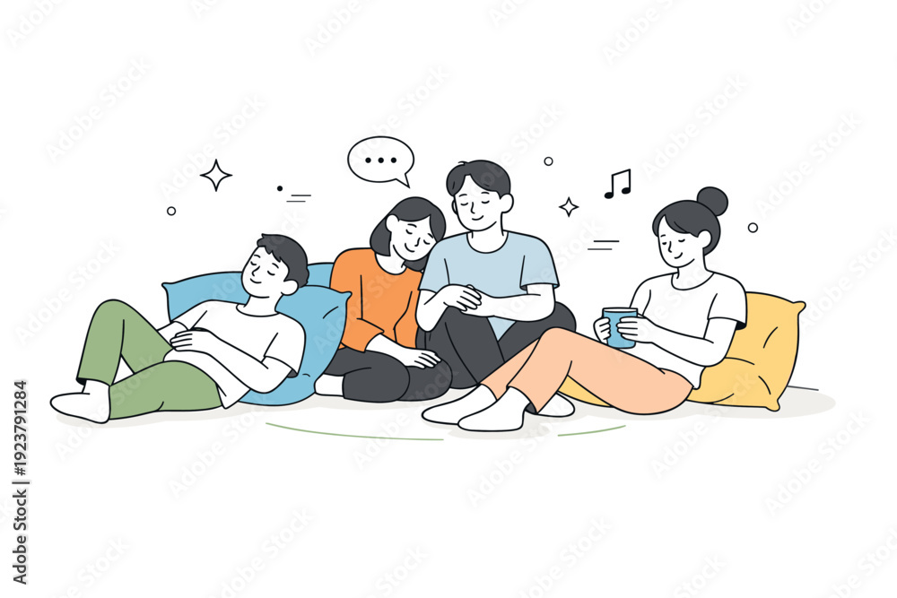 Fototapeta premium Low-energy socializing. A small group resting together on a sofa or floor cushions, minimal conversation and calm expressions. Social closeness without active
