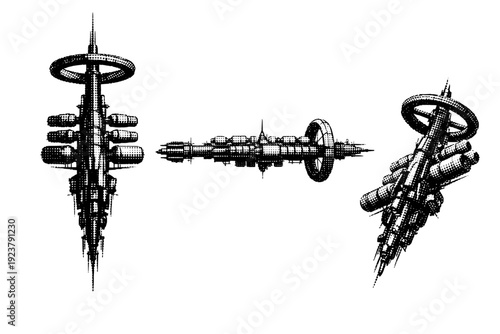 Space station, futuristic space station with elongated central spine and attached habitation modules depicted from frontal, profile, and