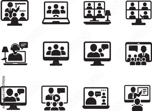   Video conference icon with people on screen for home office, online teaching and digital meeting use.