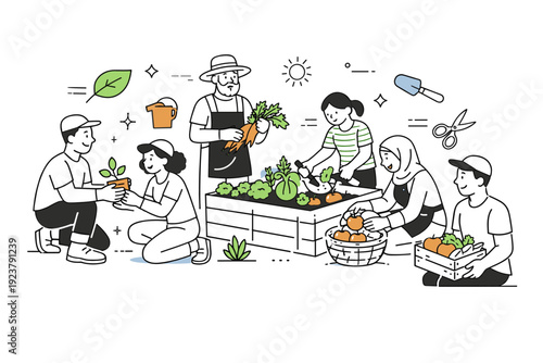 Community rooftop garden. A diverse group tending to vegetables and herbs, subtle abstract leaf and tool icons floating, friendly and collaborative atmosphere.