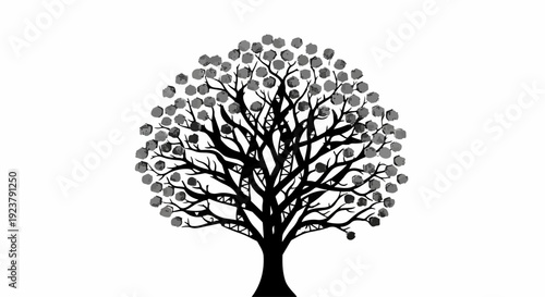 Stylized silhouette of a flourishing tree with countless small leaves against a white background.