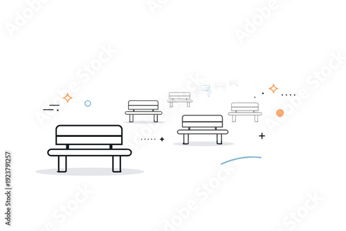 Benches without people. Abstract editorial composition of repeating bench forms fading into open space. Visual metaphor for openness,