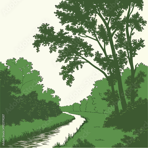 A serene landscape with a winding stream and lush greenery