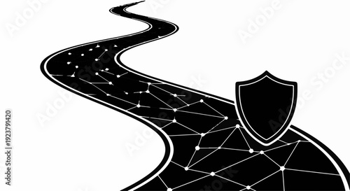 Abstract road leading to a shield, symbolizing secure digital journey and data protection.