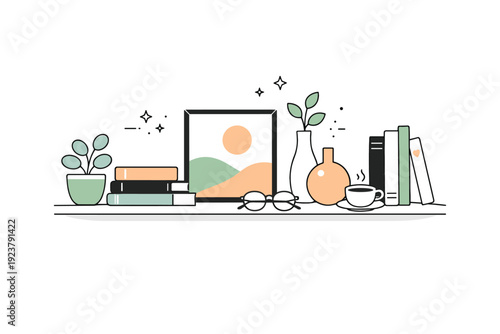 Minimalist Home Library. Home library styling. Close-up scene of shelf details with books, framed art, vases, and plants, refined minimal decor and personal