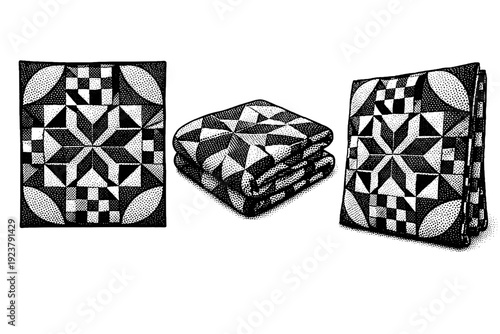 Geometric quilt panel. A realistic geometric quilt panel shown as a single object from three different angles: front view, folded view, and three-quarter view.