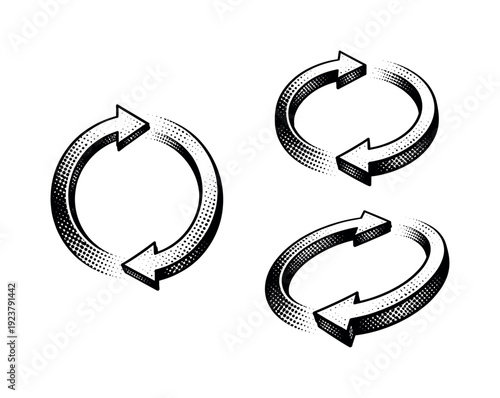 Circular arrows in a retro halftone style, representing refresh or repeat actions