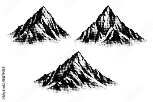 Alpine Peak Views. Mountain peak. A realistic alpine peak with pronounced crest and faceted rock structure, rendered as one object repeated in three varied