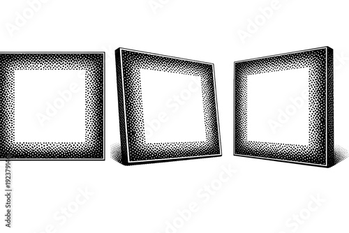 Halftone album cover frame layout A framed album cover layout shown in straight-on view, angled view, and three-quarter view with a defined central focus area.