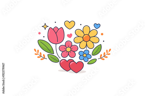 Romantic spring background blooming flowers forming a balanced decorative composition, symbolizing affection, renewal, and emotional warmth.