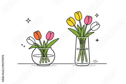 Simple glass vases with tulips as home decor. One or two vases sit on a table or shelf, tulips slightly leaning, arranged with intention but