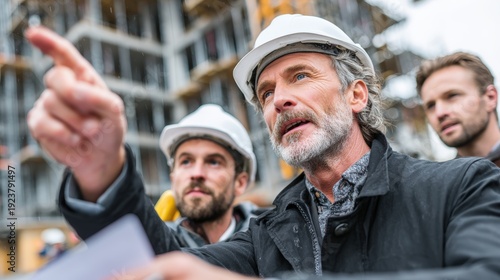 Construction workers discussing project details at a building site with scaffolding in the background