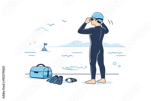 Open-water swim preparation. A calm editorial scene of a swimmer standing near open water, adjusting goggles and swim cap before entering.