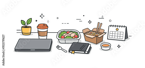 Desk setup with lunch, coffee, and planner for a productive workday