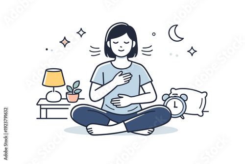 Evening wind-down routine. A relaxed person stretching gently or practicing breathing before bed. The mood feels peaceful, mindful, and