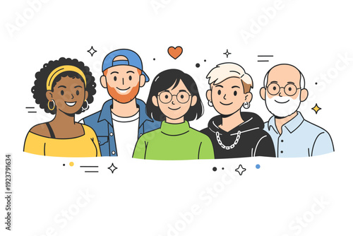 Smiling diversity. People of different styles smiling confidently side by side. Inclusive happiness and positive mood with airy composition. Minimalist flat
