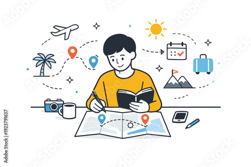 Travel planning graphics. A person reviewing a map and notebook at a desk, calmly organizing a future trip. Route lines, pins, and small icons float around,