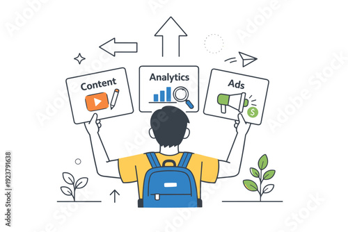 Exploring careers in social media and digital marketing. A person comparing different digital roles using simple cards labeled content,