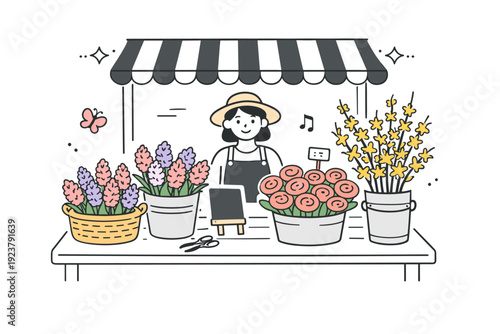 Market stand with early spring blossoms. A quiet vendor booth featuring bunches of hyacinths, ranunculus, and forsythia, displayed in baskets and buckets. Soft