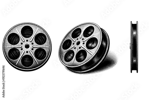 Film reel represented as a vintage motion picture reel shown straight-on, diagonal perspective view, and narrow side view highlighting