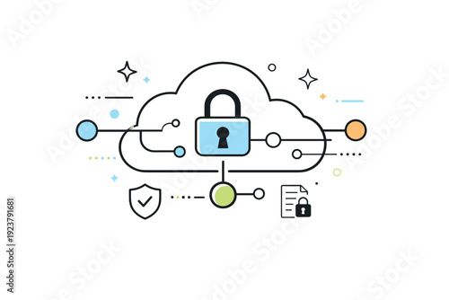 data privacy encryption. Abstract depiction of a cloud with a glowing padlock and connected nodes, floating stars and lines representing secure data flow, calm