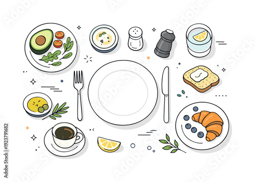 Food and drink flat lay backgrounds. A clean top-down composition of plates, cutlery, and simple food elements arranged with generous white