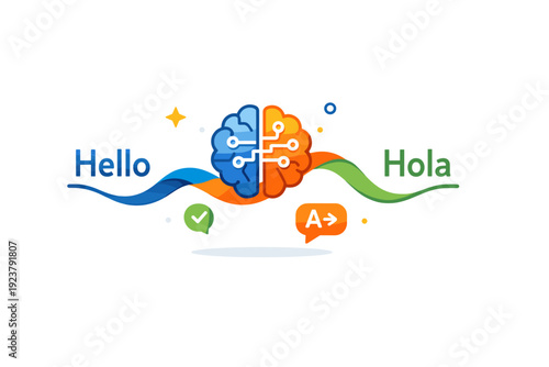 Language Transition Illustration. Neural language translation concept shown as connected words transforming smoothly from one language to another, symbolizing