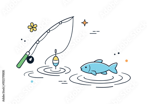 Spring fishing as leisure. Abstract editorial composition with fishing rod, fish silhouette, and gentle water ripples floating softly. Quiet