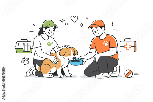 Pet rescue support. Two volunteers comforting a rescued dog or cat, offering water and gentle attention. Friendly teamwork and emotional