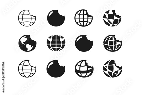 Food tasting tours. Icon set. Set Logo of Food tasting tours: globe with bite mark. harmonious logo variations of the same emblematic concept, each with