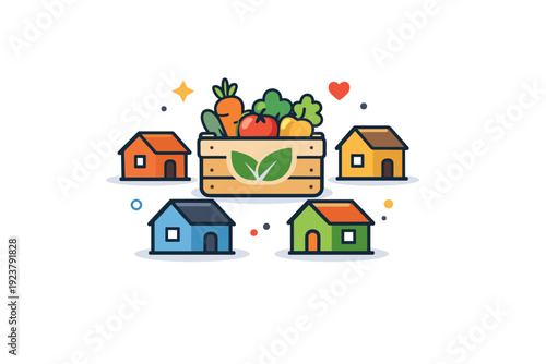 Community supported agriculture system a group of small houses surrounding a shared produce box with leaf symbols, representing collective