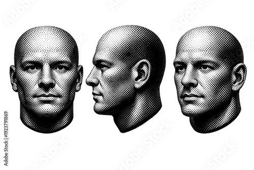 Halftone Male Portrait. Human face halftone portrait male adult face depicted as a single realistic human face object shown in three different views with