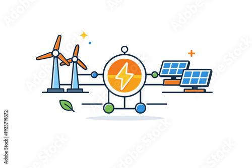 Renewable energy grids illustrated through interconnected wind turbines and solar panels feeding into a central node, conveying clean power