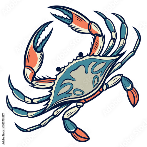 A colorful crab with blue, orange, and white shell and legs