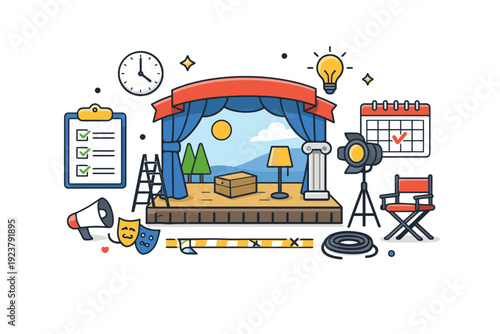 A theater set being built with props, backdrops, and lighting focused on rehearsal readiness and production planning. A tidy scene with a