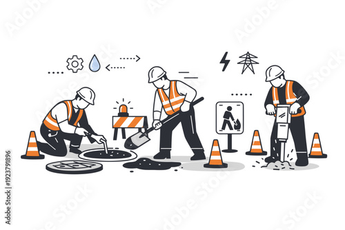 Urban infrastructure labor. City workers maintaining roads and utilities with simple tools, cones, and clear work zones. Calm editorial scene highlighting