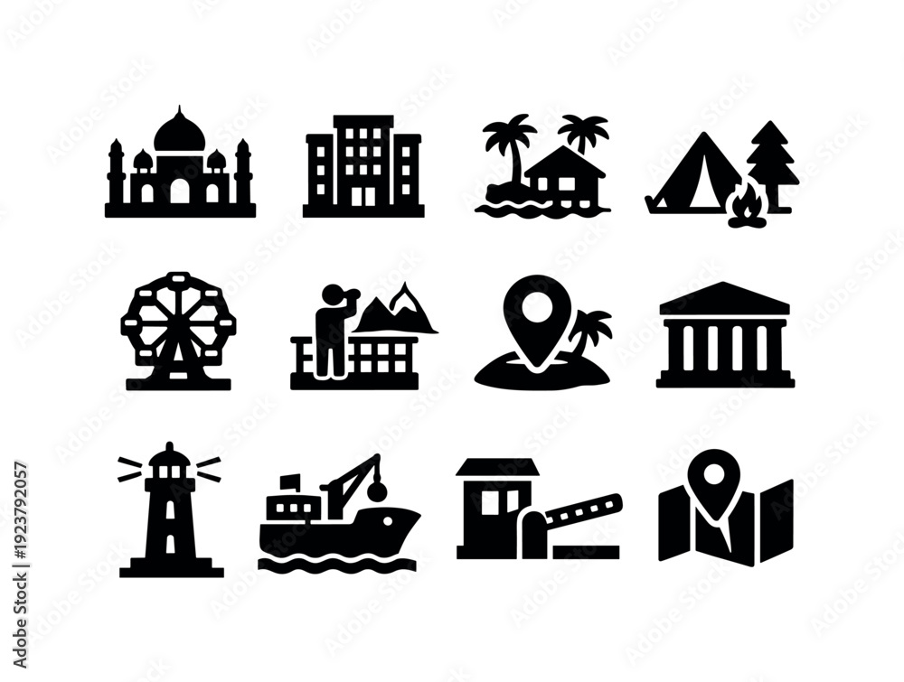Naklejka premium Collection of travel and landmark icons representing diverse destinations and activities