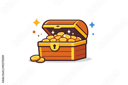 Treasure chest an open chest filled with gold coins and soft sparkles, conveying discovery, value, and a sense of rewarding surprise. Minimalist flat vector