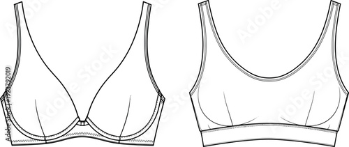 Womens lingerie technical flat sketch vector illustration set featuring an underwire plunge bra and a comfortable seamless sports bralette mockup