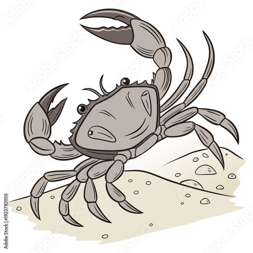 A cartoon scorpion standing on a sandy surface