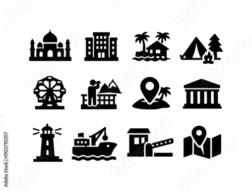 Collection of travel and landmark icons representing diverse destinations and activities