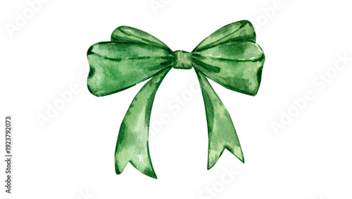 A watercolor green bow illustration on a blank background viewed from the front