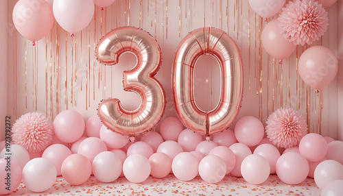 Pink balloons and streamers celebrating thirtieth birthday party