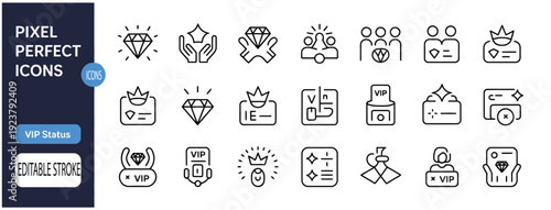 Collection of pixel perfect VIP status icons, including diamonds, crowns, and membership cards, representing exclusive access and premium services, editable stroke vector.